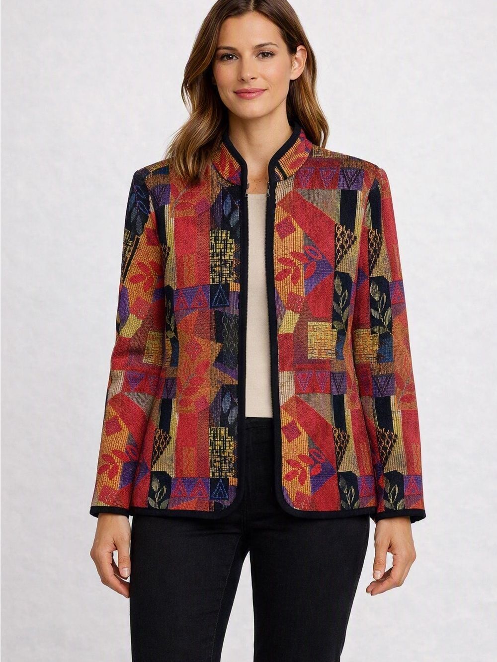 Women’s Red Multicolor Mosaic Jacket 1X XL Art Tapestry Eclectic Statement Chic